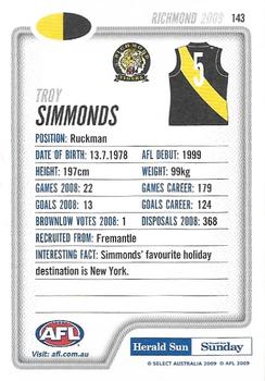 2009 Select Herald Sun AFL #143 Troy Simmonds Back